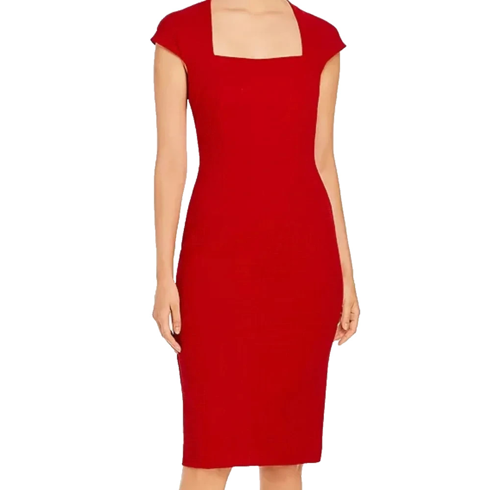 HUGO BOSS Drilekara Red Knit Cap Sleeve Dress Houndstooth Sheath Textured 12 L